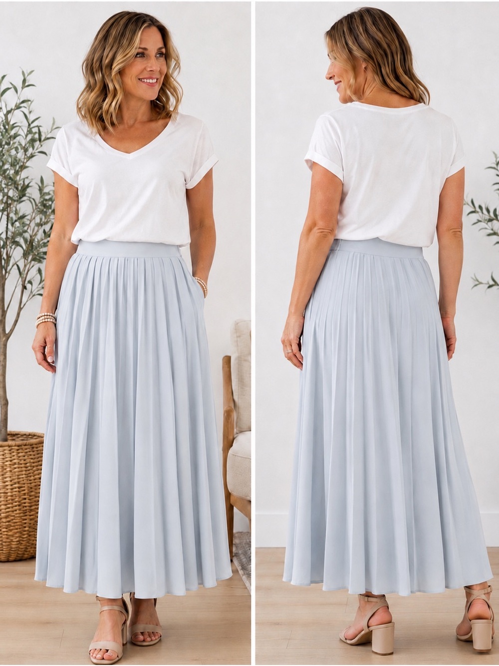 Pleated Light Blue Maxi Skirt with High Waist